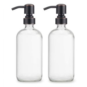 AmazerBath 2-Pack Soap Dispensers, 16 OZ Clear Glass Soap Bottles with Stainless Steel Pump Hand Soap Lotion Dispensers for Bathroom and Kitchen (Oil-Rubbed Bronze)