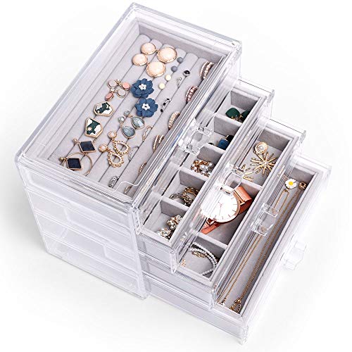 Acrylic Jewelry Box 4 Layers Clear Velvet Jewelry Organizer Case Cosmetic Organizer Vanity Storage Display Box Earring Rings Necklaces Bracelets Display Case Gift for Women, Girls