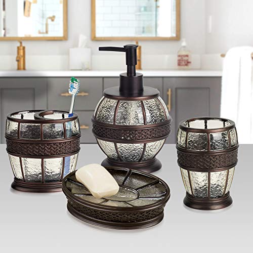 nu steel Resin Crackled Ice Bath Accessory Set for Vanity Countertops nu metal Resin Crackled Ice Bathtub Accent Set for Self-importance Counter tops, 4 Piece Luxurious Ensemble Contains cleaning soap Dish, Toothbrush Holder, Tumbler, cleaning soap and Lotion Pump, Oil Rubbed Bronze.
