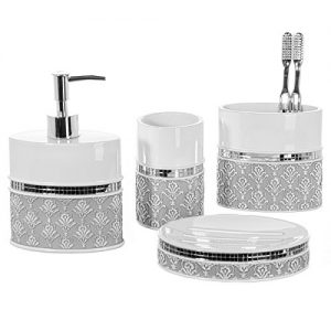 4 Piece Bathroom Accessory Set - Gift Package - Soap Dish and Dispenser, Toothbrush Holder, and Tumbler Cup - Mirror Damask Style - by Creative Scents
