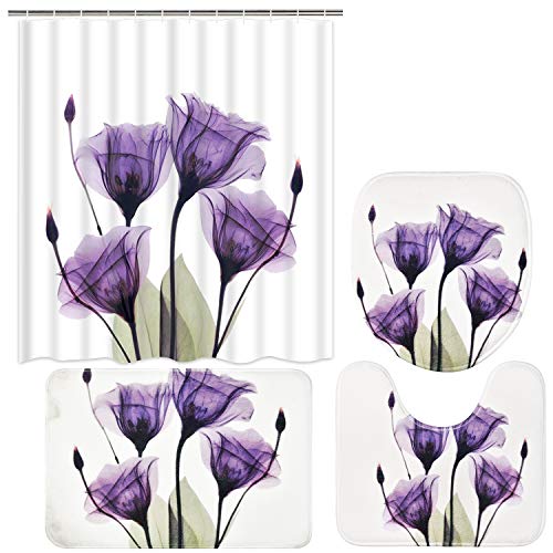 Ikfashoni 4 Pcs Tulip Flower Shower Curtain Set with Non-Slip Rug, Toilet Lid Cover and Bath Mat, Purple Floral Shower Curtain with 12 Hooks, X-Ray Floral Shower Curtains for Bathroom