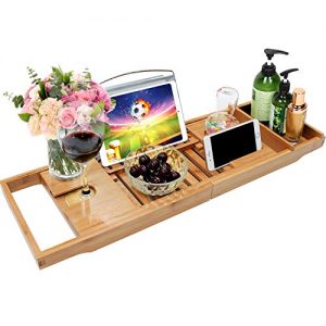 Bamboo Bathtub Caddy Tray Bathroom Organizer with Expandable Sides Holder for Book Glass Towel