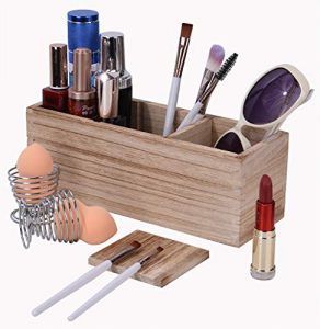 Makeup Brush Holder Organizer with 2 Pack Beauty Sponges Holder, Wood 3 Adjustable Slots Rustic Cosmetic Organizer Storage, Cosmetic Display Case, 10.1 x 3.6 x 3.9 inches