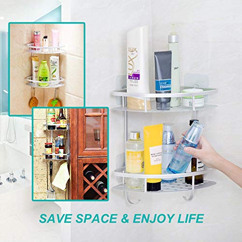 Flowmist 2 Tiers Corner Shower Caddy, Shower Organizer Flowmist 2 Tiers Nook Bathe Caddy, Bathe Organizer, Wall Mounted Aluminum Bathe Shelf with Adhesive(No Drilling), Storage Rack for Bathroom,Shampoo,Dorm and Kitchen.