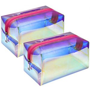 Holographic Makeup Bag, F-color 2 Pack Large Travel Makeup Bag, Fashion Toiletry Bag Cosmetic Organizer for Women, Rose Pink