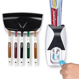 Wikor Toothbrush Holder Automatic Toothpaste Dispenser Set Dustproof with Super Sticky Suction Pad Wall Mounted Kids Hands Free Toothpaste Squeezer for Family Washroom Bathroom