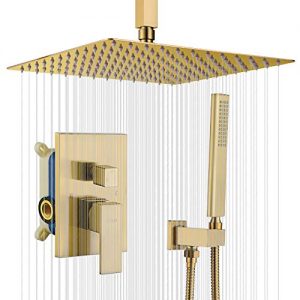IRIBER Champagne Bronze Ceiling Mount Rain Shower System with 12 Inch Shower Head and Handheld Bathroom Brushed Golden Shower Set Contain Shower Faucet Mixer and Brush Gold Trim Kit (Valve Included)