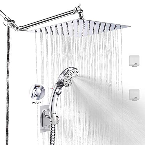 LOHNER Rainfall Shower Head Kit with Hose, Luxurious Stainless Steel 8'' Rain Showerhead and 5 Settings Handheld Combo with Push Button Flow Control, with Adjustable Shower Arm (Square Shower Set)
