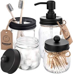 AOZITA Mason Jar Bathroom Accessories Set 4 Pcs - Mason Jar Soap Dispenser & 2 Apothecary Jars & Toothbrush Holder - Rustic Farmhouse Decor, Bathroom Home Decor, Countertop Vanity Organize - Black
