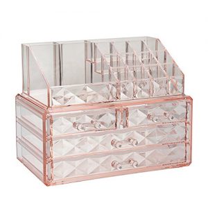 Jewelry and Cosmetic Boxes with Brush Holder - Pink Diamond Pattern Storage Display Cube Including 4 Drawers and 2 Pieces Set
