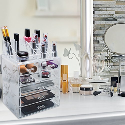 Sorbus Luxe Marble Cosmetic Makeup and Jewelry Storage Case Display Sorbus Luxe Marble Beauty Make-up and Jewellery Storage Case Show - Spacious Design - Nice for Toilet, Dresser, Self-importance and Countertop (3 Massive, 4 Small Drawers, Marble Print).