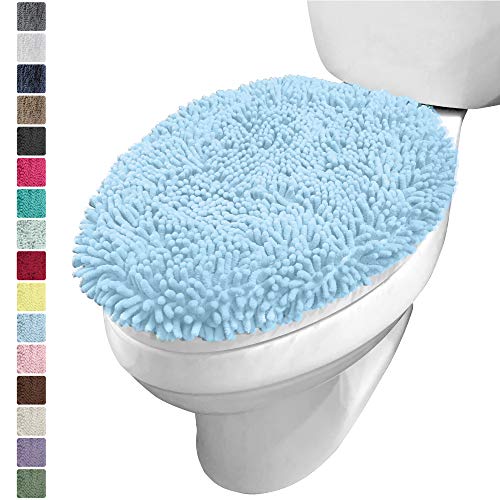 KANGAROO Plush Luxury Chenille Bath Room Toilet Lid Cover, 19.5 Inch x 18.5 Inch Large Size, Extra Soft and Absorbent Kids Shaggy Seat Covers, Washable, Fits Most Bathroom Toilet Lids, Light Blue