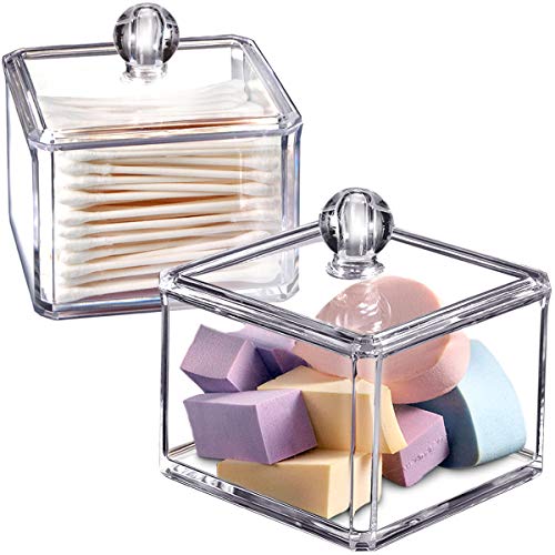Modern Square Qtip Holder Acrylic Bathroom Vanity Countertop Storage Organizer Canister Jar for Cotton Swabs, Rounds, Balls, Makeup Sponges, Bath Salts - 2 Pack - Clear