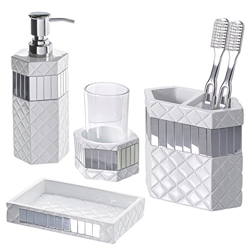 Creative Scents Quilted Mirror Bathroom Accessories Set, 4-Piece, Includes Soap Dispenser, Toothbrush Holder, Tumbler & Soap Dish, Gift Package, Finished in White and Silver Mirrored Accents