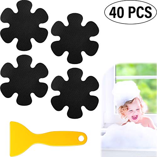 Mudder 40 Pieces Bathtub Stickers Non-Slip Black Flower Shaped Bath Treads Anti-Slip Appliques with Yellow Scraper for Bathtubs, Stairs, Shower Rooms and Other Wet Surfaces