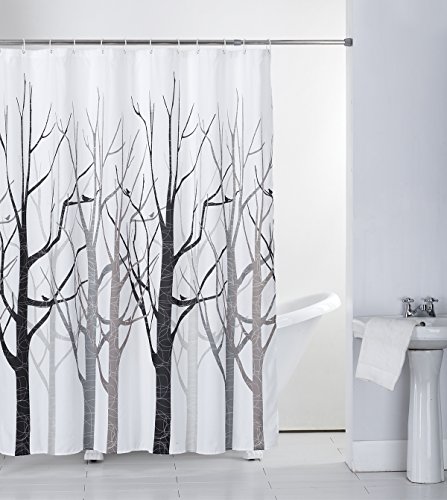 Shower Curtain Fabric Grey Tree with Hooks Bath Curtain Waterproof, 72x72 INCH