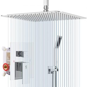 SR SUN RISE 12 Inch Ceiling Mounted Shower System Rain Mixer Shower Combo Set Rainfall Shower Head System Polished Chrome Shower Faucet Rough-in Valve Body and Trim Included