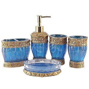 Vintage Blue Bathroom Accessories, 5Piece Bathroom Accessories Set, Bathroom Set Features, Soap Dispenser, Toothbrush Holder, Tumbler & Soap Dish - Golden Glossy - Bath Gift Set