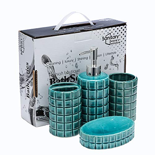 JOTOM Ceramic Bath Accessory Set,Luxury Bathroom Accessories Set JOTOM Ceramic Tub Accent Set,Luxurious Toilet Equipment Set - 4 Items with Ornamental Hand Sanitizer Bottle,Toothbrush Cup,Toothbrush Holder,Cleaning soap Dish (Darkish Inexperienced Sq. Lattice).