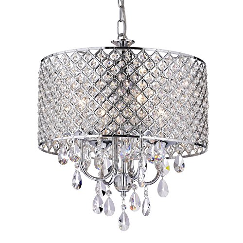 Edvivi Marya 4-Light Chrome Round Crystal Chandelier Ceiling Fixture | Beaded Drum Shade | Glam Lighting