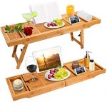 Bathtub Caddy Tray Bath Table with Extending Sides, Bamboo Bath Tub Trays Tablet with Wine and Book Holder , Cell phone Tray and Wine Glass Holder