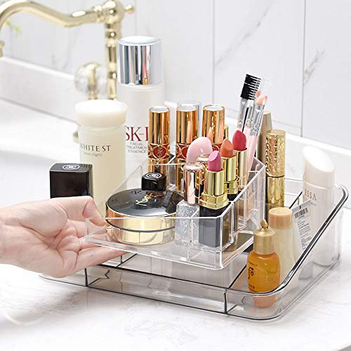 LAIBUY 2 Pack Makeup Organizer Tray Durable Cosmetic Display Case Storage Box for Nail Polish, Lipsticks,Creams, Lotions, Makeup Brushes, Eye Shadow, Bathroom Bedroom Dresser Vanity (Gray)