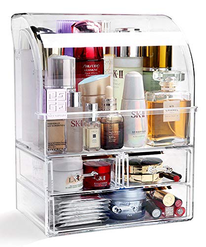 YeTrini Makeup Organizer,Modern DustProof Cosmetic Organizer Makeup Storage Holder,Cosmetic Display Case with 3 Drawers for Bathroom or Countertop or Vanity(Clear-L)