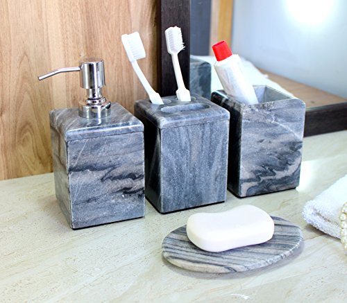 KLEO - Bathroom Accessory Set Made from Natural Stone KLEO - Toilet Accent Set Produced from Pure Stone - Bathtub Equipment Set of 4 Contains Cleaning soap Dispenser, Toothbrush Holder, Utility and Cleaning soap Dish.