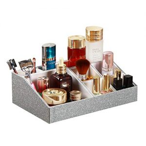 Makeup Organizer Tray Vanity Brush Holder Cosmetic Display Case for Lipstick Jewelry and Skin Care Products, Countertop Bathrrom Dresser Storage Box, 8 Compartments Luxury Leather (Silver)