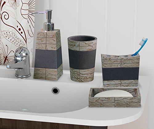 nu steel nusteel Rustic, Made of Cement Bath Accessory Set for Vanity Countertops, 4 Piece Luxury Ensemble Dish, Toothbrush Holder, Tumbler, soap and Lotion Pump, Antique Stone Finish