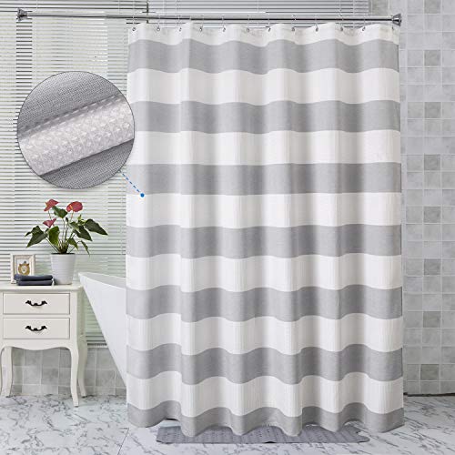 AmazerBath Waffle Weave Fabric Shower Curtain, Decorative Shower Curtains for Bathroom, White Shower Curtain Waffle Texture and Gray Stripe Hotel Luxury, Machine Washable, 72 x 72 Inches