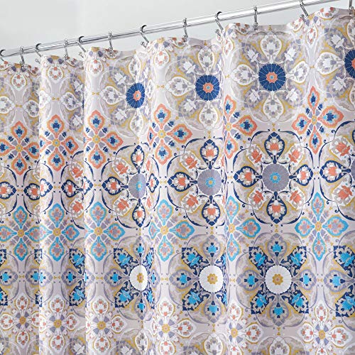 mDesign Decorative Medallion Print, Easy Care Fabric Shower Curtain mDesign Ornamental Medallion Print, Simple Care Material Bathe Curtain with Bolstered Buttonholes, for Lavatory Showers, Stalls and Bathtubs, Machine Washable - 72" x 72", Tan/Shades of Blue.