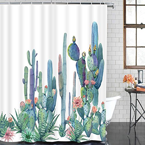 Alishomtll Bathroom Shower Curtain Tropical Cactus Shower Curtains with 12 Hooks, Cactus Flowers Blossom Bath Curtain Durable Waterproof Fabric Bathroom Curtain (Cactus, 70 × 69 inches)