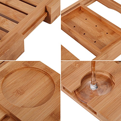 Utoplike Bathtub Caddy Tray, Bamboo Tub Tray Utoplike Bathtub Caddy Tray, Bamboo Tub Tray with Sliding Towel Holder, Tub Desk with E-book Holder, Telephone Stand and Adjustable E-book Studying Rack, Pill Slots.