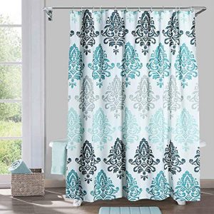 Yougai Shower Curtain for Bathroom with 12 Hooks, Polyester Fabric Machine Washable Waterproof Shower Curtains 72 x 72 Inch (Light Blue Damask)