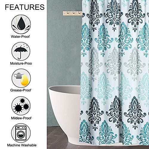 Yougai Shower Curtain for Bathroom with 12 Hooks Yougai Bathe Curtain for Lavatory with 12 Hooks, Polyester Cloth Machine Washable Waterproof Bathe Curtains 72 x 72 Inch (Gentle Blue Damask).