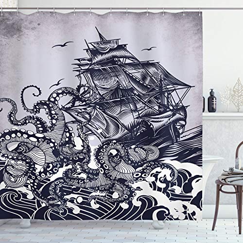 Ambesonne Nautical Shower Curtain, Kraken Octopus Tentacles with Ship Sail Old Boat in Ocean Waves, Cloth Fabric Bathroom Decor Set with Hooks, 70" Long, Blue