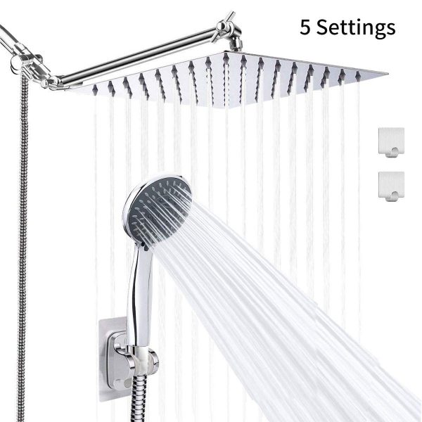 LOHNER Rainfall Shower Head Kit with 60'' Hose, Luxurious Stainless Steel 8'' Rain Showerhead and 5 Settings Handheld Shower Combo with Adjustable Shower Arm (Chrome)