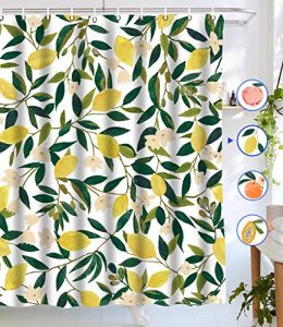 Lifeel Lemon Shower Curtains, Allover Fruits Shower Curtain Green Leaves Plant Design Waterproof Fabric Bathroom Shower Curtain Set with 12 Hooks, Green Yellow 72"×72"