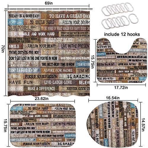 TAMOC 4 Pcs Inspirational Quotes Shower Curtain Set TAMOC 4 Pcs Inspirational Quotes Bathe Curtain Set with Non-Slip Rug, Rest room Lid Cowl and Tub Mat, Classic Rustic Bathe Curtain with 12 Hooks, Waterproof Picket Poster Rest room Curtain, Brown.