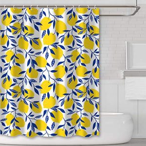 Tititex Yellow Lemon Bathroom Shower Curtain Blue Leafe White Background Waterproof Polyester Fabric Curtain