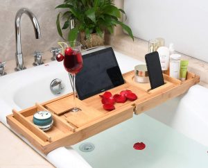 Fancylovesotio Bamboo Bathtub Tray Adjustable Organizer Bathroom Tub Tray with Cellphone and Wine Holder for Luxury Bath or Reading(Universal Shelf)