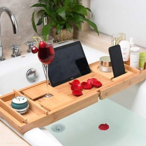 Fancylovesotio Bamboo Bathtub Tray Adjustable Organizer Bathroom Tub Tray with Cellphone and Wine Holder for Luxury Bath or Reading(Universal Shelf)