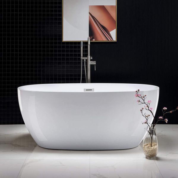 WOODBRIDGE Acrylic Freestanding Bathtub Contemporary Soaking Tub with Brushed Nickel Overflow and Drain, BTA1518, 59" B-0018