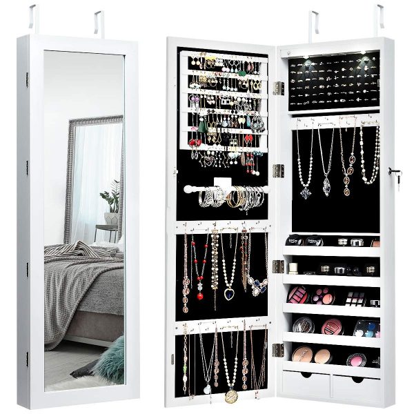 Giantex Wall/Door Mounted Jewelry Armoire Organizer with 2 LED Lights, Lockable Height Adjustable Jewelry Cabinet with Full Length Mirror, Large Capacity Dressing Makeup Jewelry Mirror Storage (White)