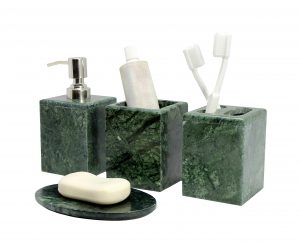 KLEO - Bathroom Accessory Set Made from Natural Stone - Bath Accessories Set of 4 Includes Soap Dispenser, Toothbrush Holder, Tumbler and Soap Dish (Green)