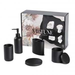 Premium Matte Black Bathroom Accessories Set -Hotel Quality. 100% Resin -Safe and Suitable for Children. Complete Essentials Hand Soap Dispenser, Dish, Toothbrush Holder, Cotton Canister and Tumbler