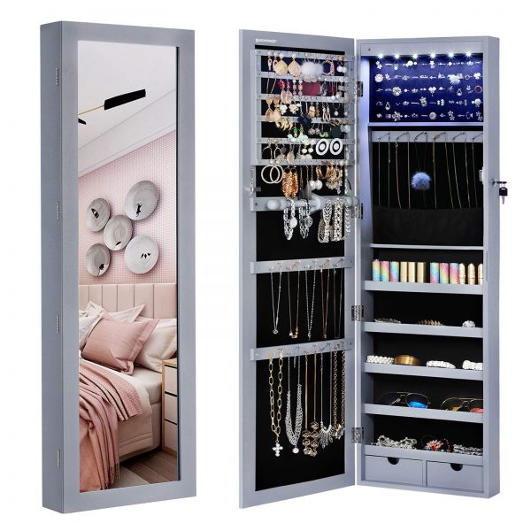 SONGMICS 6 LEDs Jewelry Cabinet Lockable 47.3" H Wall/Door Mounted Jewelry Armoire Organizer with Mirror, 2 Drawers, Gray UJJC93GY