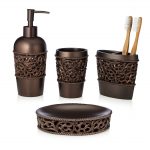 Essentra Home 4-Piece Bronze Bathroom Accessory Set, Complete Set Includes: Toothbrush Holder, Lotion Dispenser, Tumbler and Soap Dish