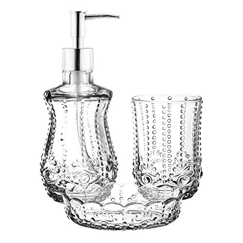 American Atelier Arya Glass, 3-Piece, Bathroom Accessory Set American Atelier Arya Glass 3-Piece Lavatory Accent Set Consists of Lotion Pump Dispenser, Cleaning soap Dish and Tumbler Add Fashion, Comfort and Group to Your Tub or Kitchen.